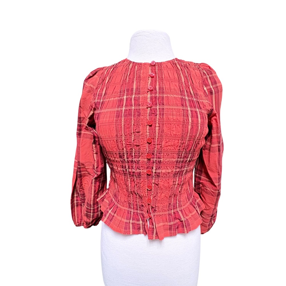 NEW Universal Thread Red Plaid Smocked Button Down Puff Sleeve Peplum Top Small